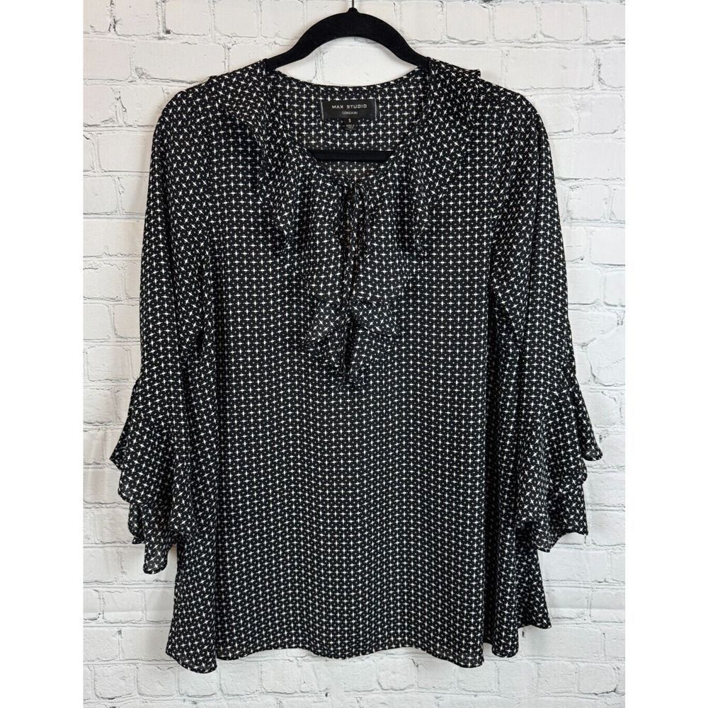 MAX STUDIO black white 3/4 flounce sleeve frill swing blouse top size S